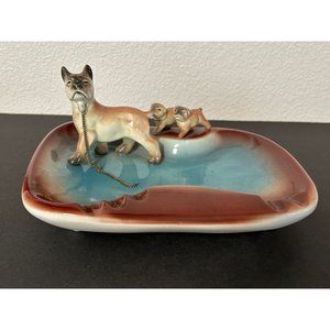 Boxer Dog and Puppies Ceramic Painted Ashtray Trinket Dish MCM RARE